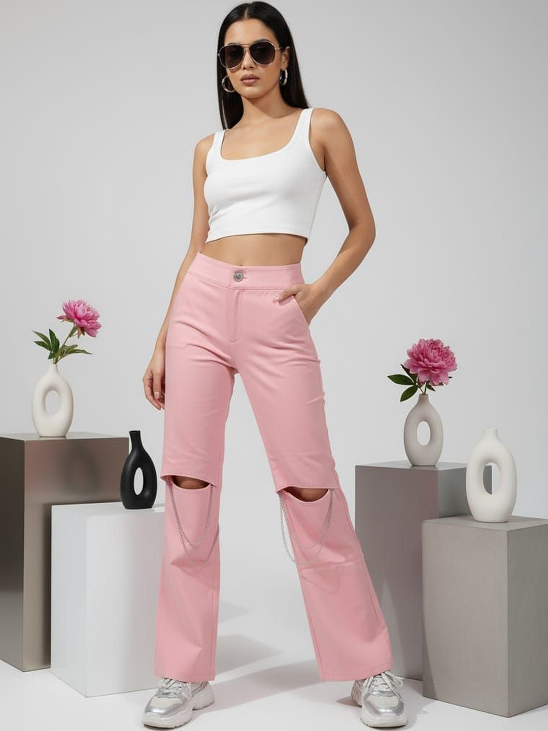 HIGH BUY Women Tailored Straight Fit knee Cut Trousers
