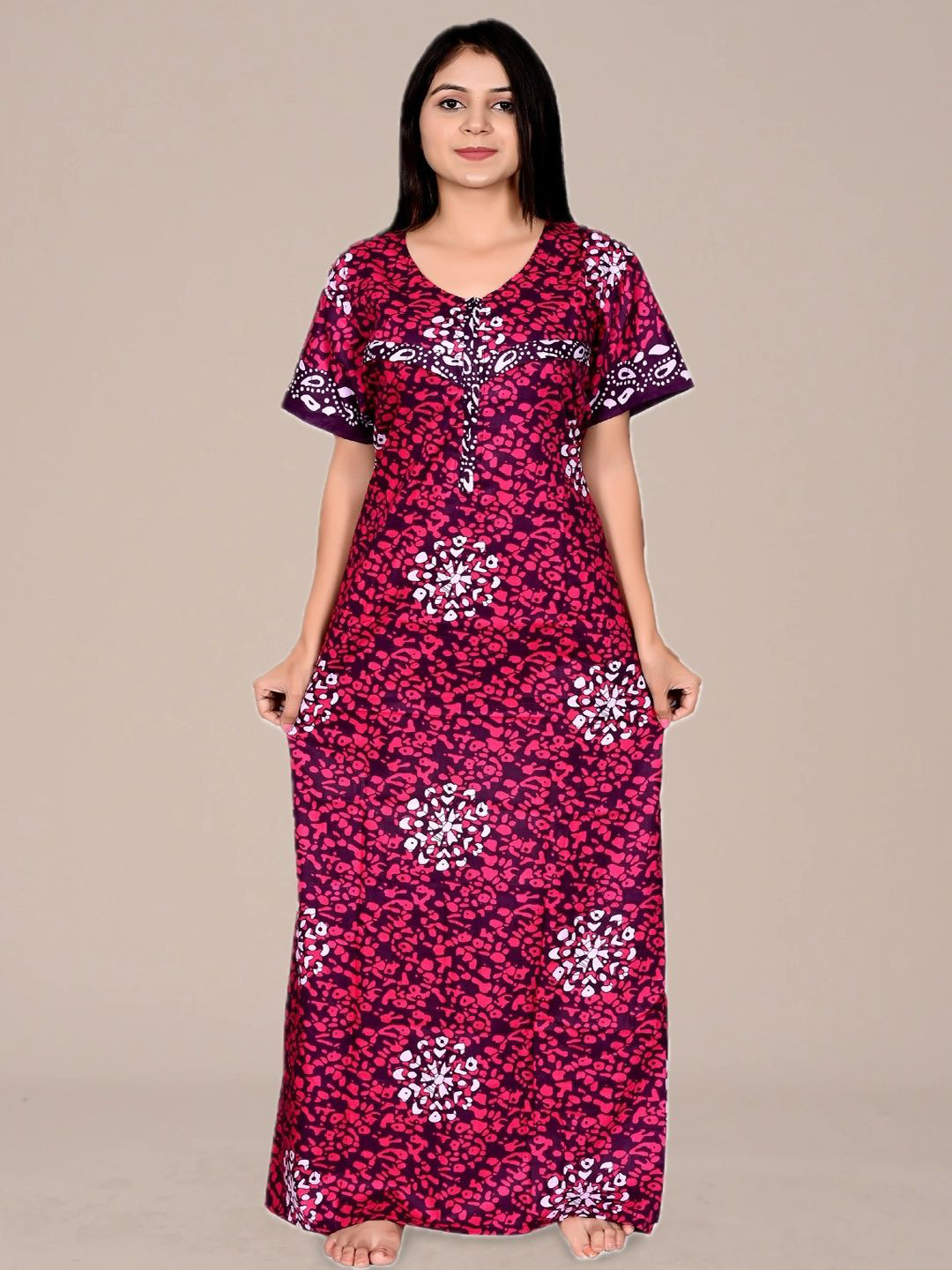 ANKONA Women Batik Printed Round Neck Short Sleeves Maternity Pure Cotton Maxi Nightdress