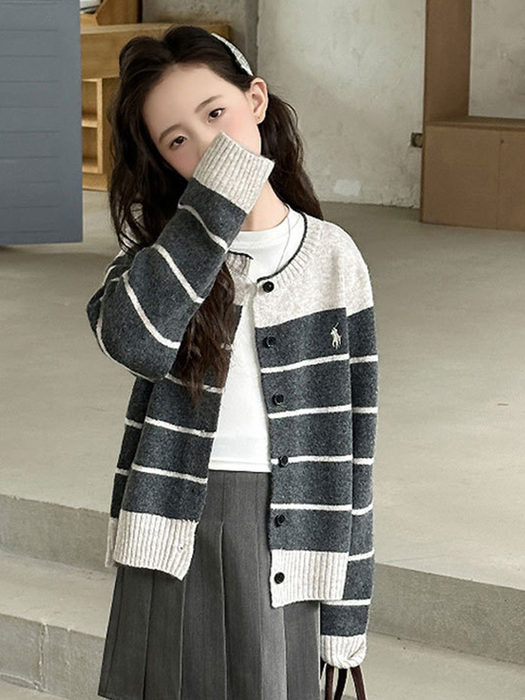 LULU & SKY Girls Striped Ribbed Long Sleeves Cardigan