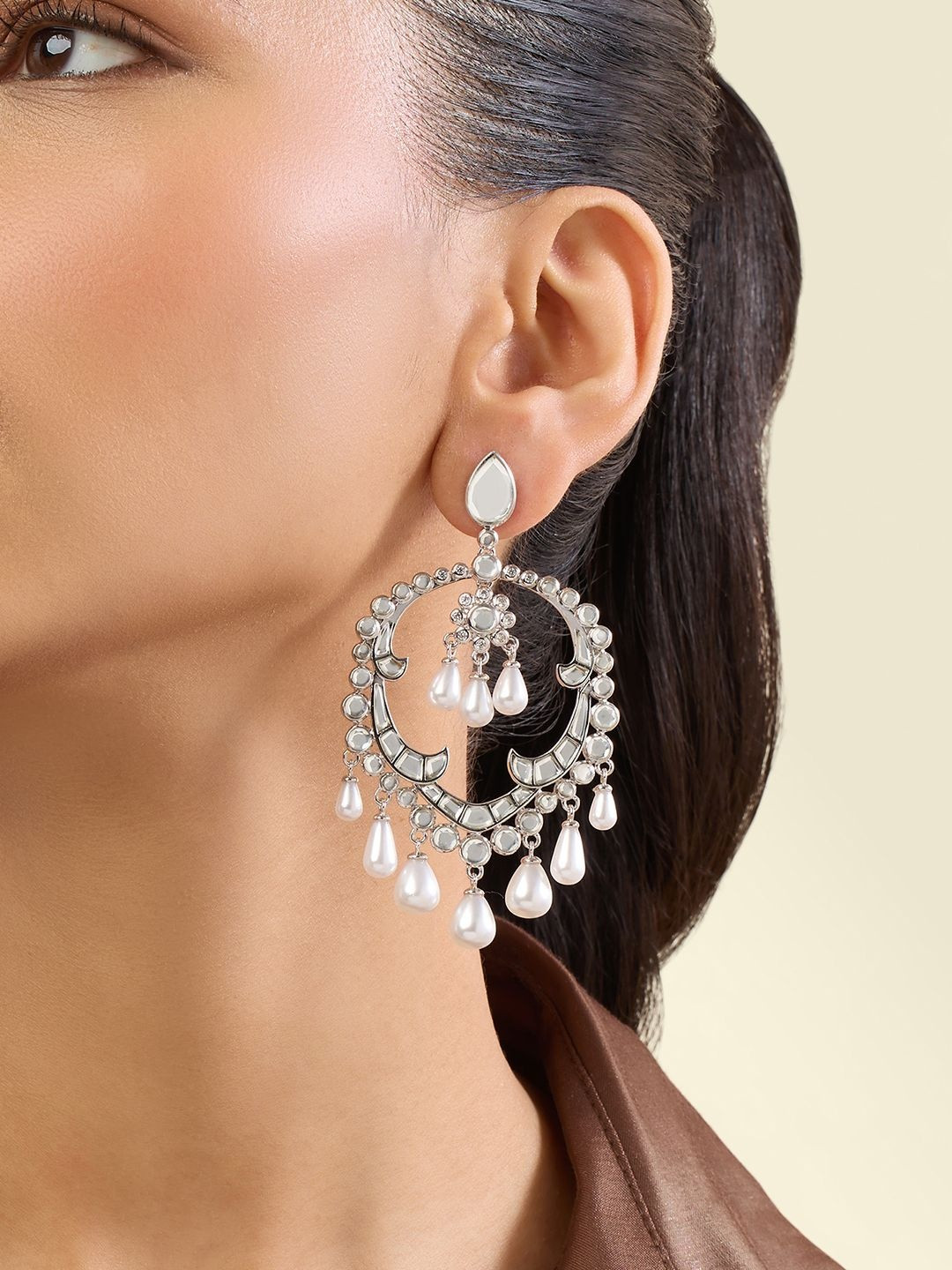 Isharya Rhodium-Plated Pearls & Crystal Zirconia Contemporary Bravura Moon Baalis Earrings