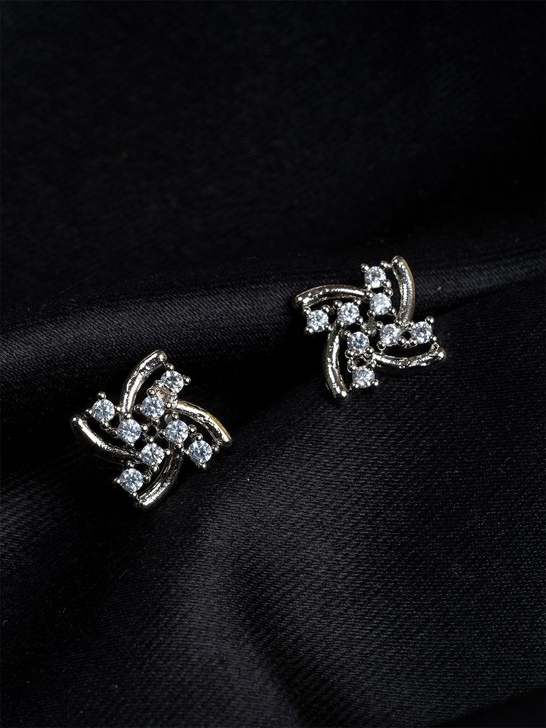 Laa Calcutta Rhodium-Plated American Diamond Studded Geometric Shaped Studs Earrings