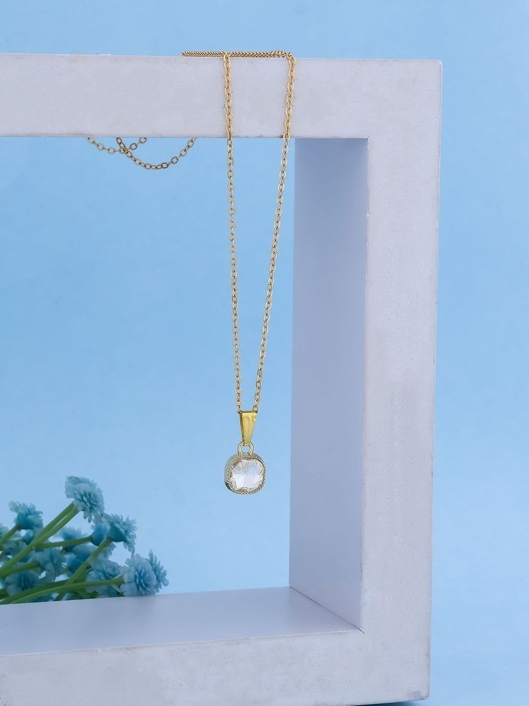 SZN Elegent Set Of 2 Gold-Plated Artificial Stones Studded Square Pendants With Chains