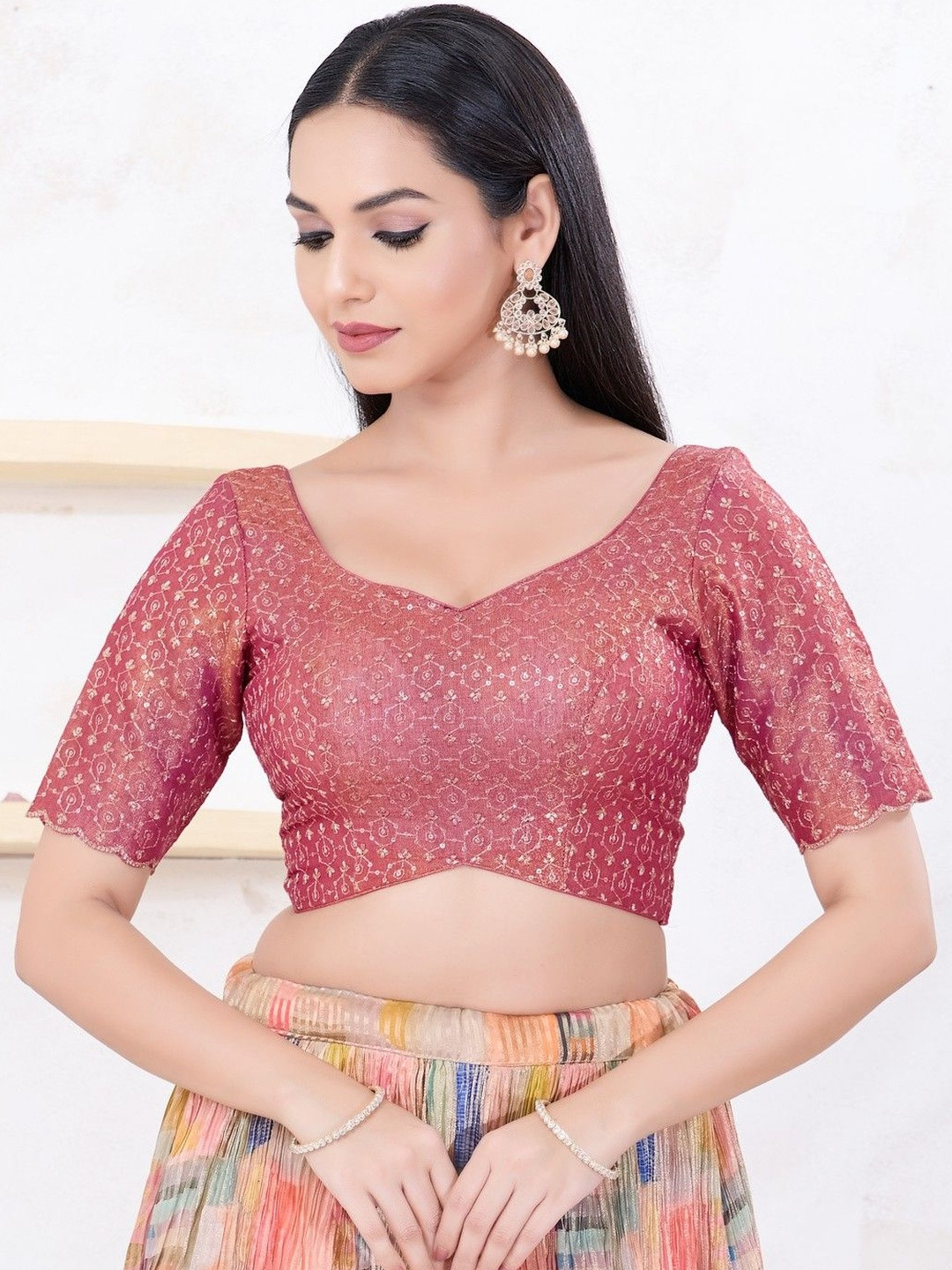 KALINI Women Embroidered Sweetheart Neck Padded Three-Quarter Sleeves Saree Blouse