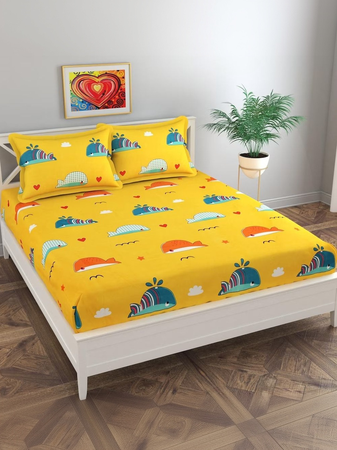 Homybees Yellow Abstract 220 TC Bedsheet with 2 Pillow Covers  90x100 inches