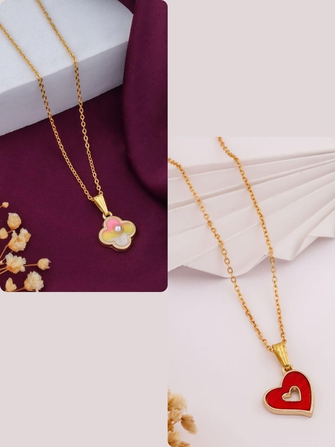 SZN Elegent Set Of 2 Gold-Plated Artificial Beaded Clover Shaped Pendants With Chains