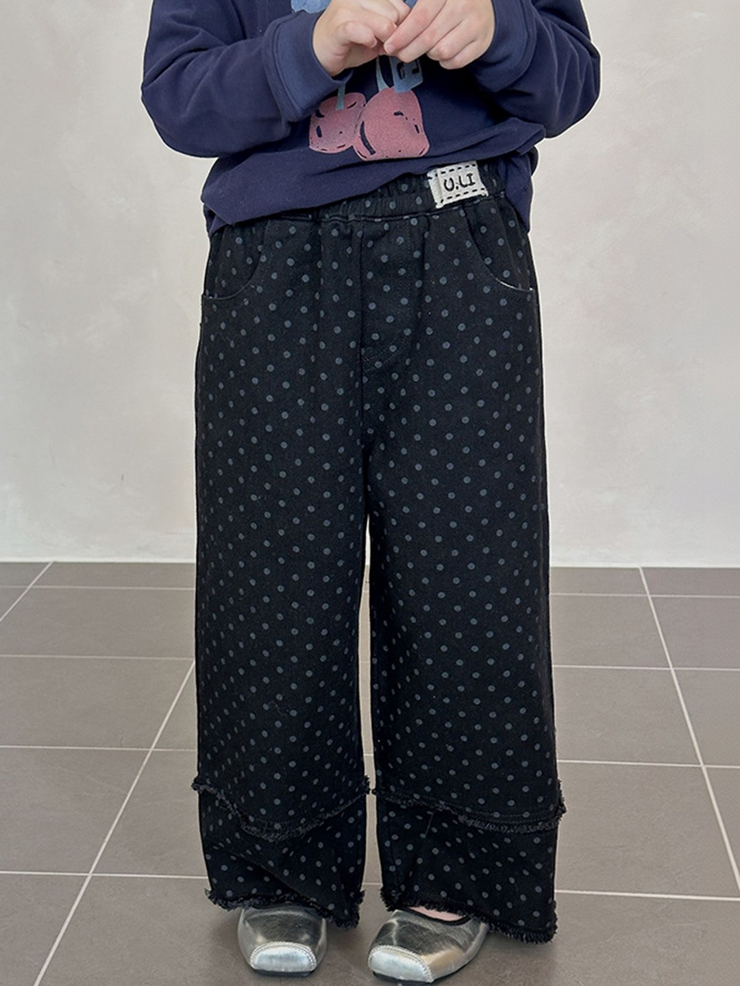 LULU & SKY Girls Polka Dot Printed Wide Leg High-Rise Cotton Flat-Front Regular Trousers