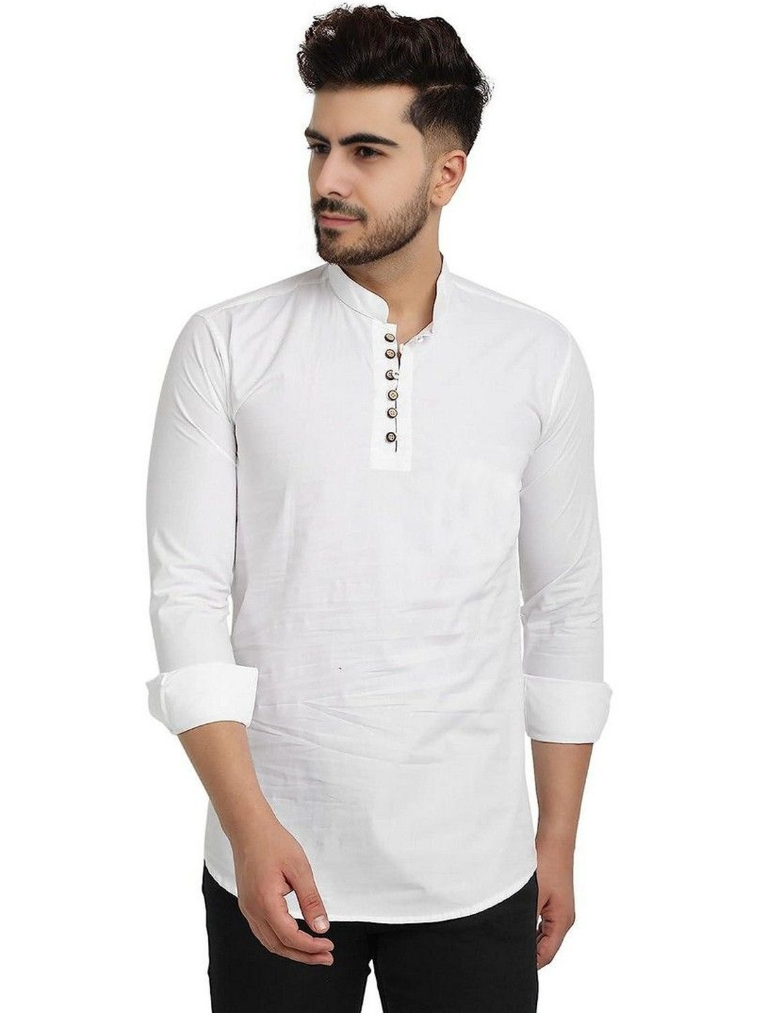 JANOI Mandarin Collar Roll-Up Sleeves Straight Kurta