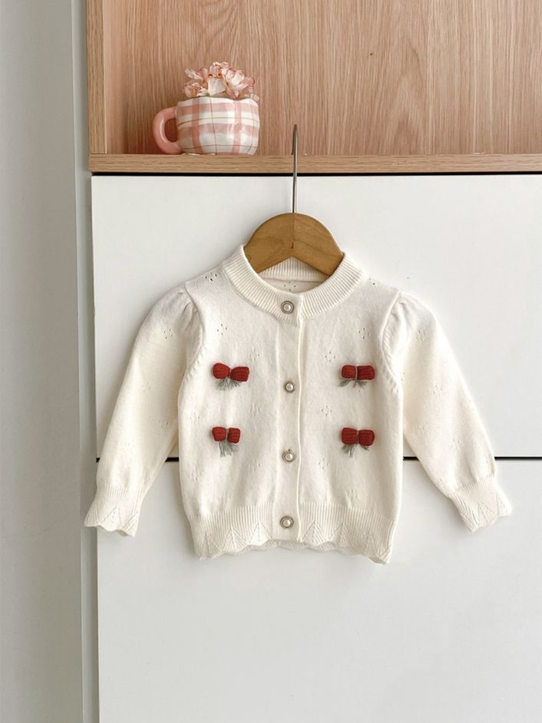 LULU & SKY Girls Round Neck Long Sleeves Cardigan with Cherry Knit Applique Detail
