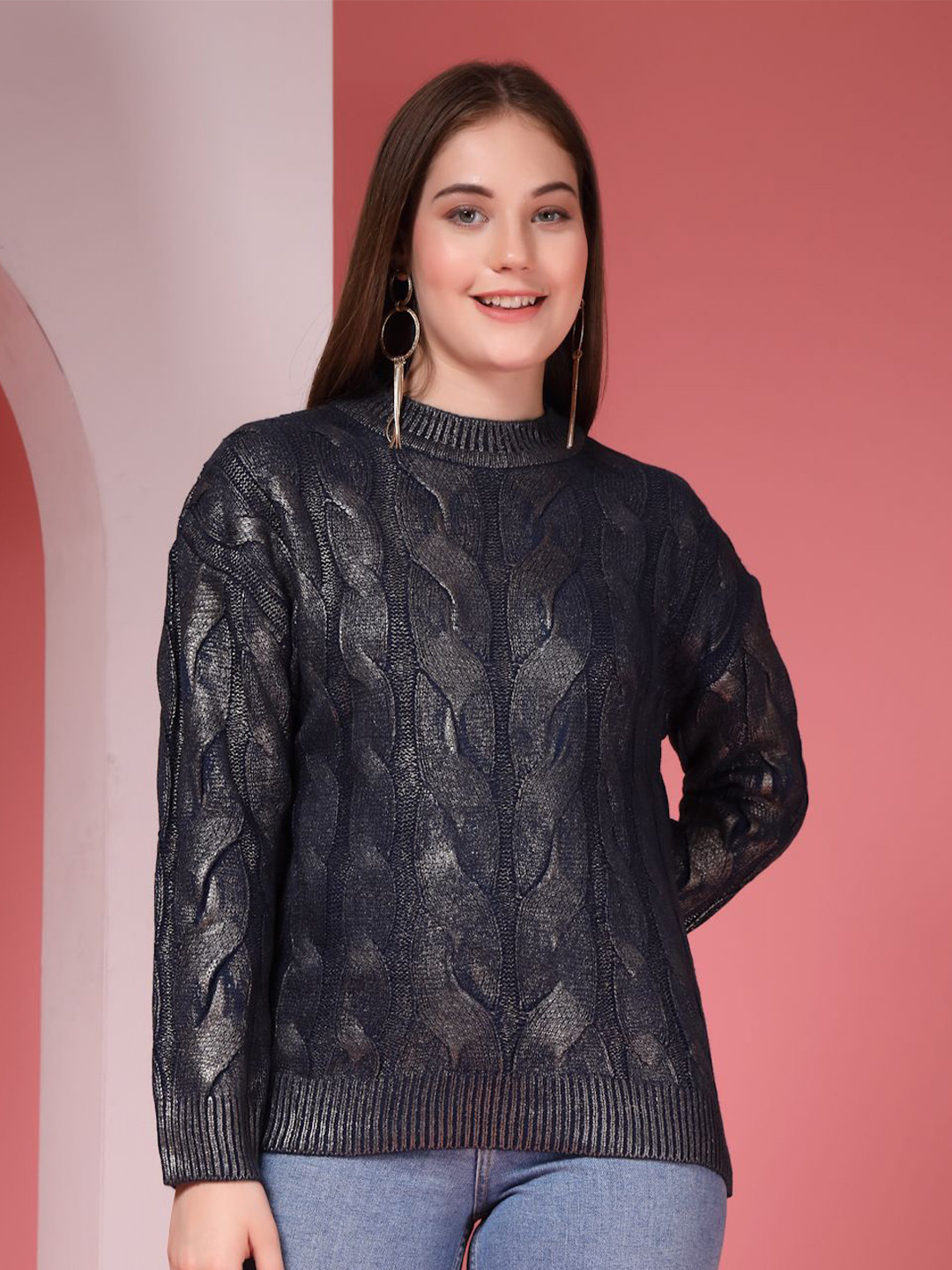Juelle Women Cable Knit Woollen Mock Neck Pullover Sweater