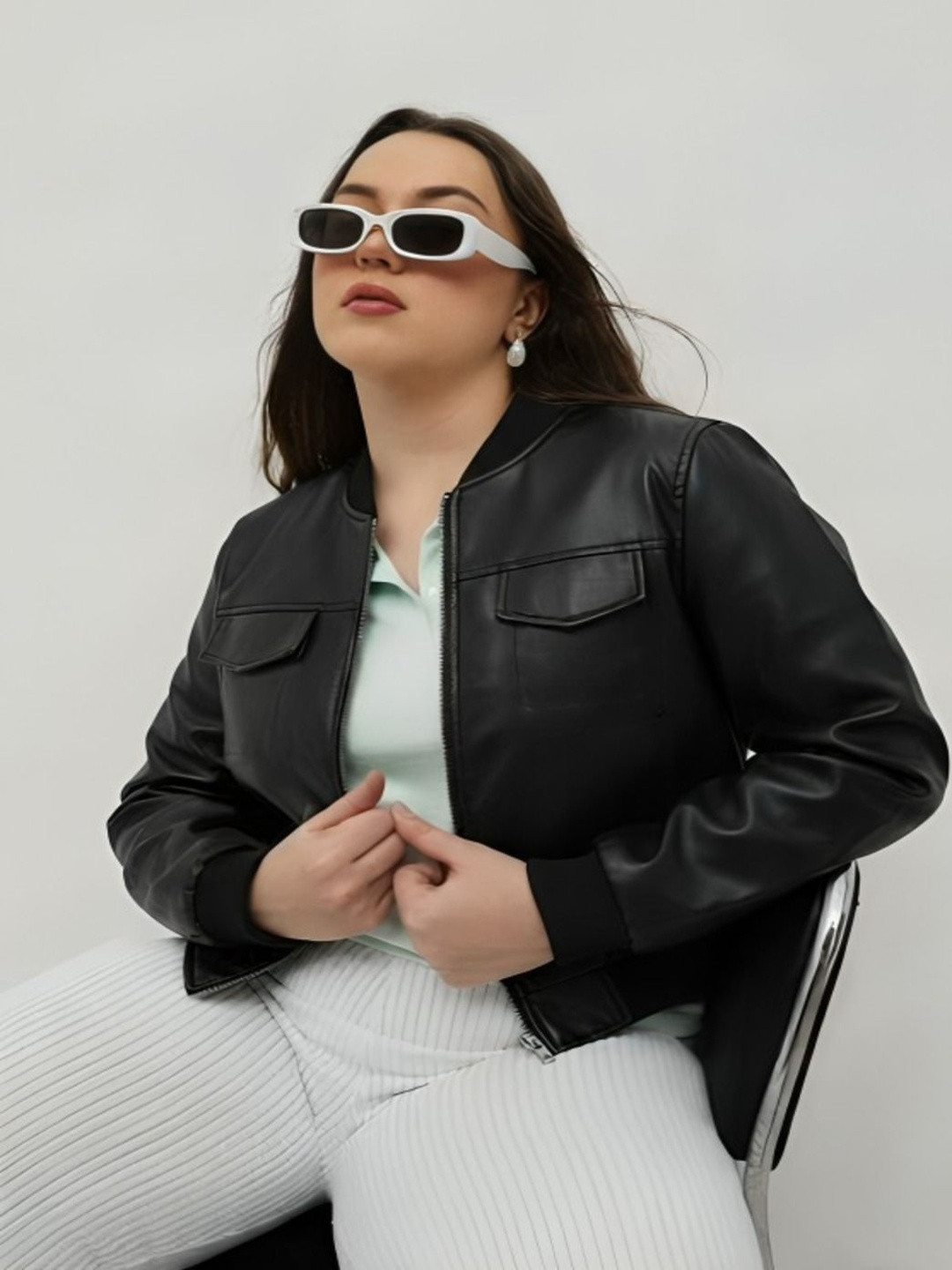 MAYKR Women Stand Collar Solid Water Resistant Leather Jacket