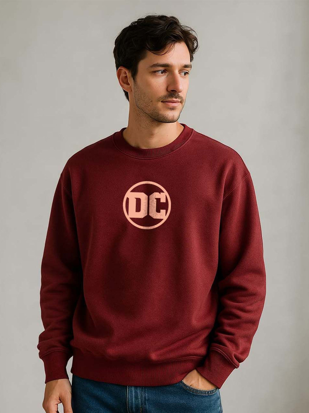 Organic Chics Men DC Printed Round Neck Pullover Sweatshirt