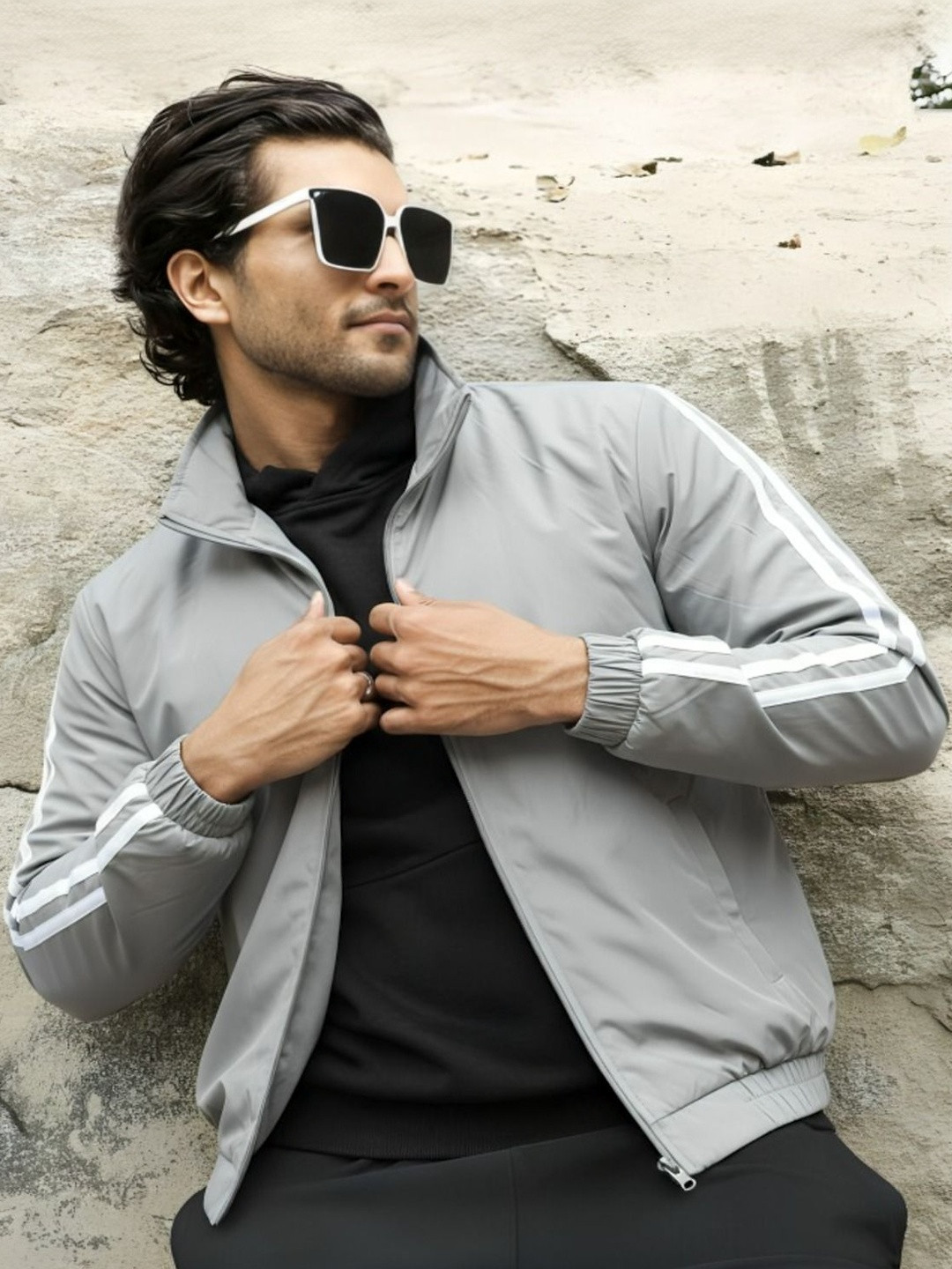 MAYKR Men Solid Side Striped Stand Collar Bomber Jacket