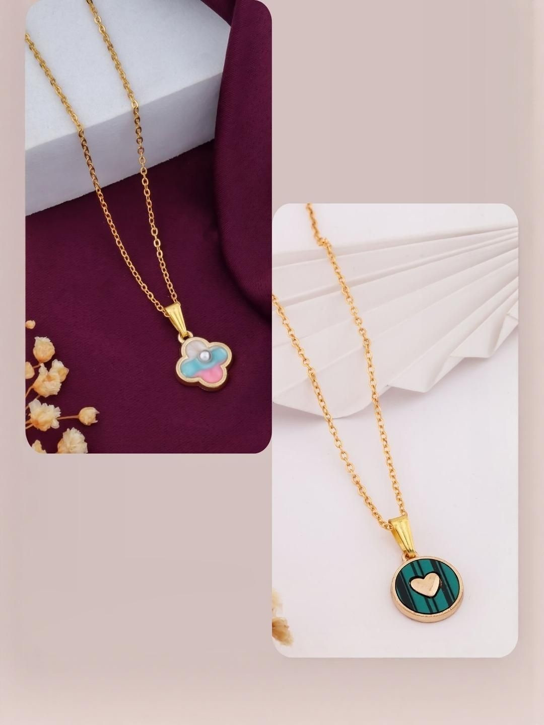 SZN Elegent Set Of 2 Gold-Plated Artificial Beaded Clover Shaped Pendants With Chains