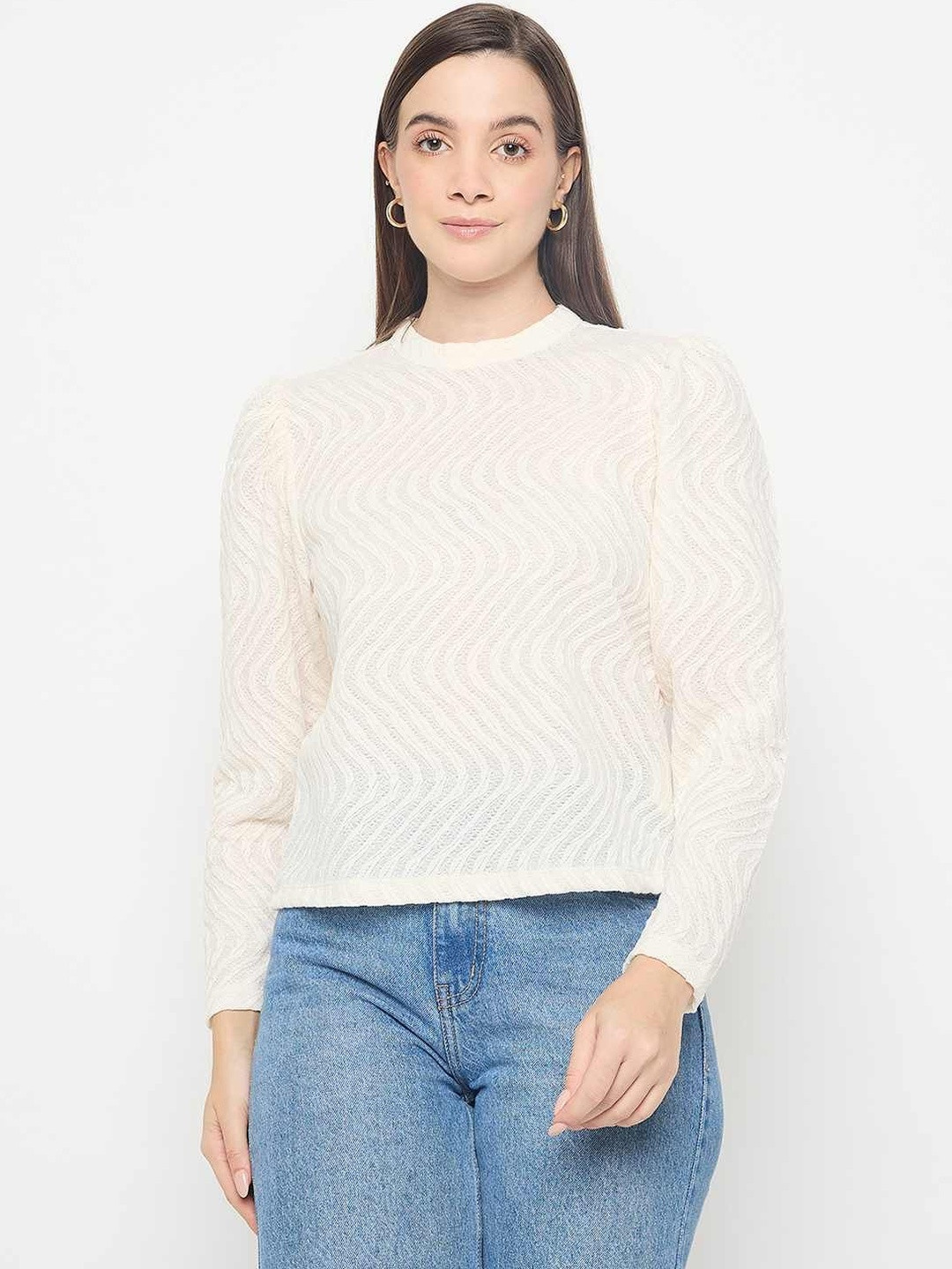 Madame Women Round Neck Long Sleeves Puff Sleeve Top