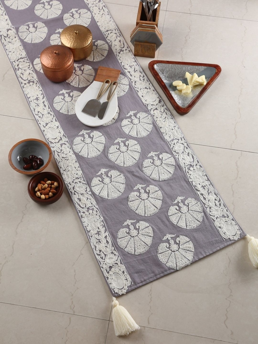 Revive Home Grey & White Embroidered Table Runner With Floral Embroidery