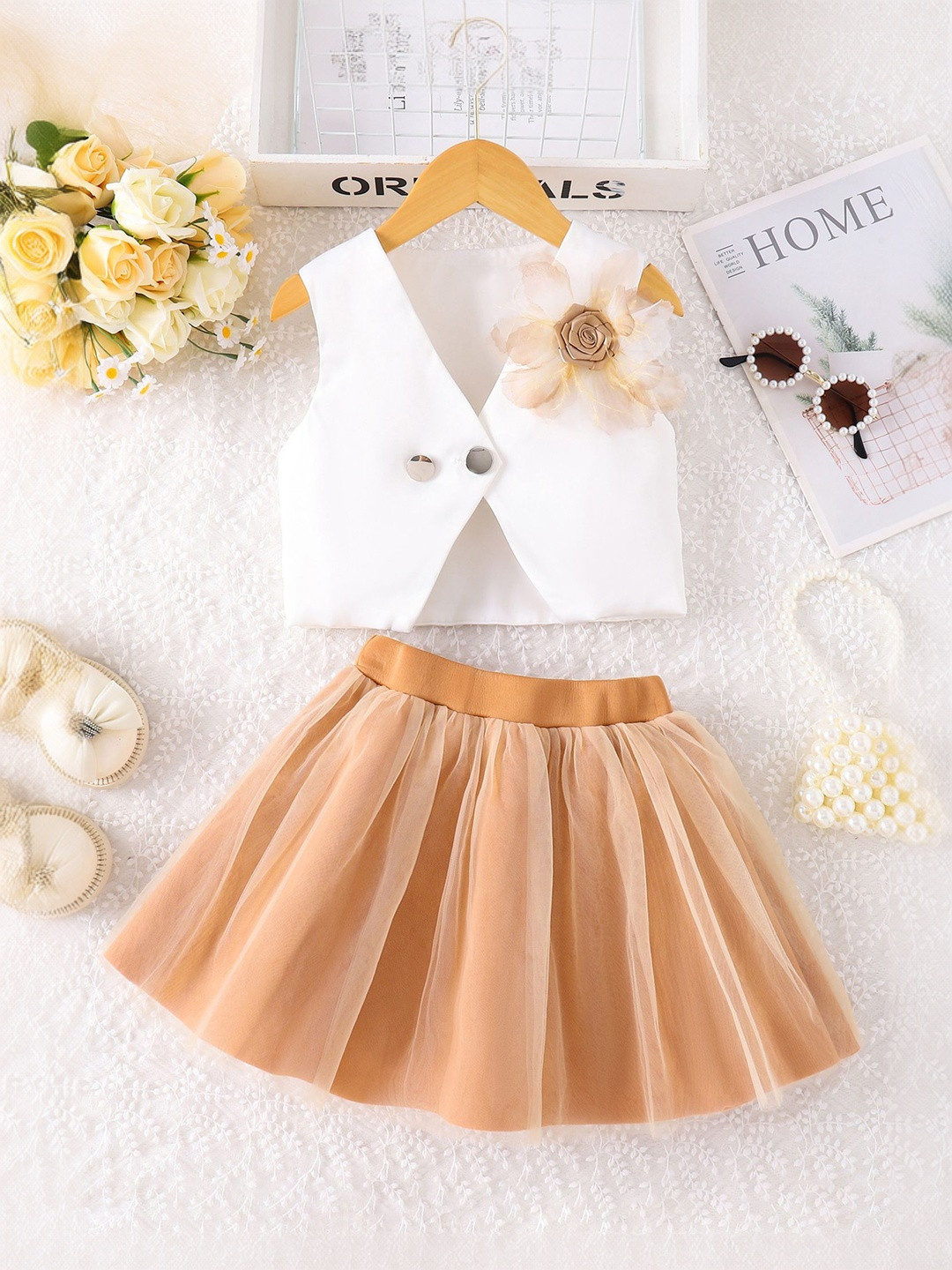 LULU & SKY Girls Floral Accent V-Neck Sleeveless Top With Skirt