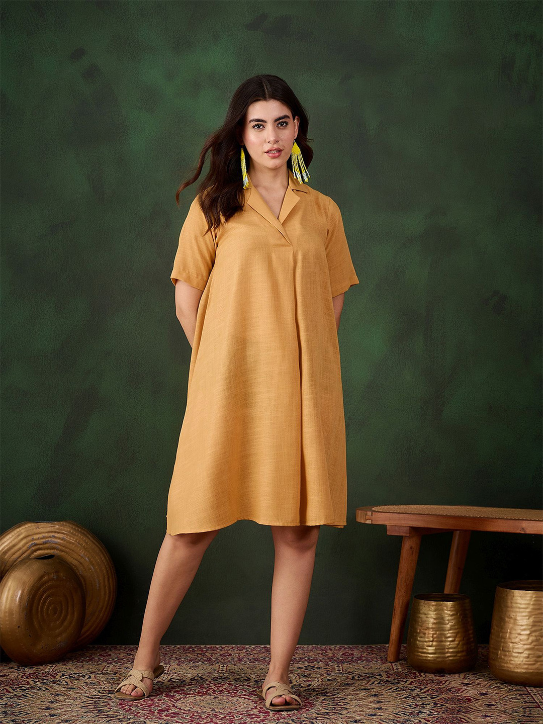 InWeave Women Solid Shirt Collar Short Sleeves Above Knee Shirt Dress