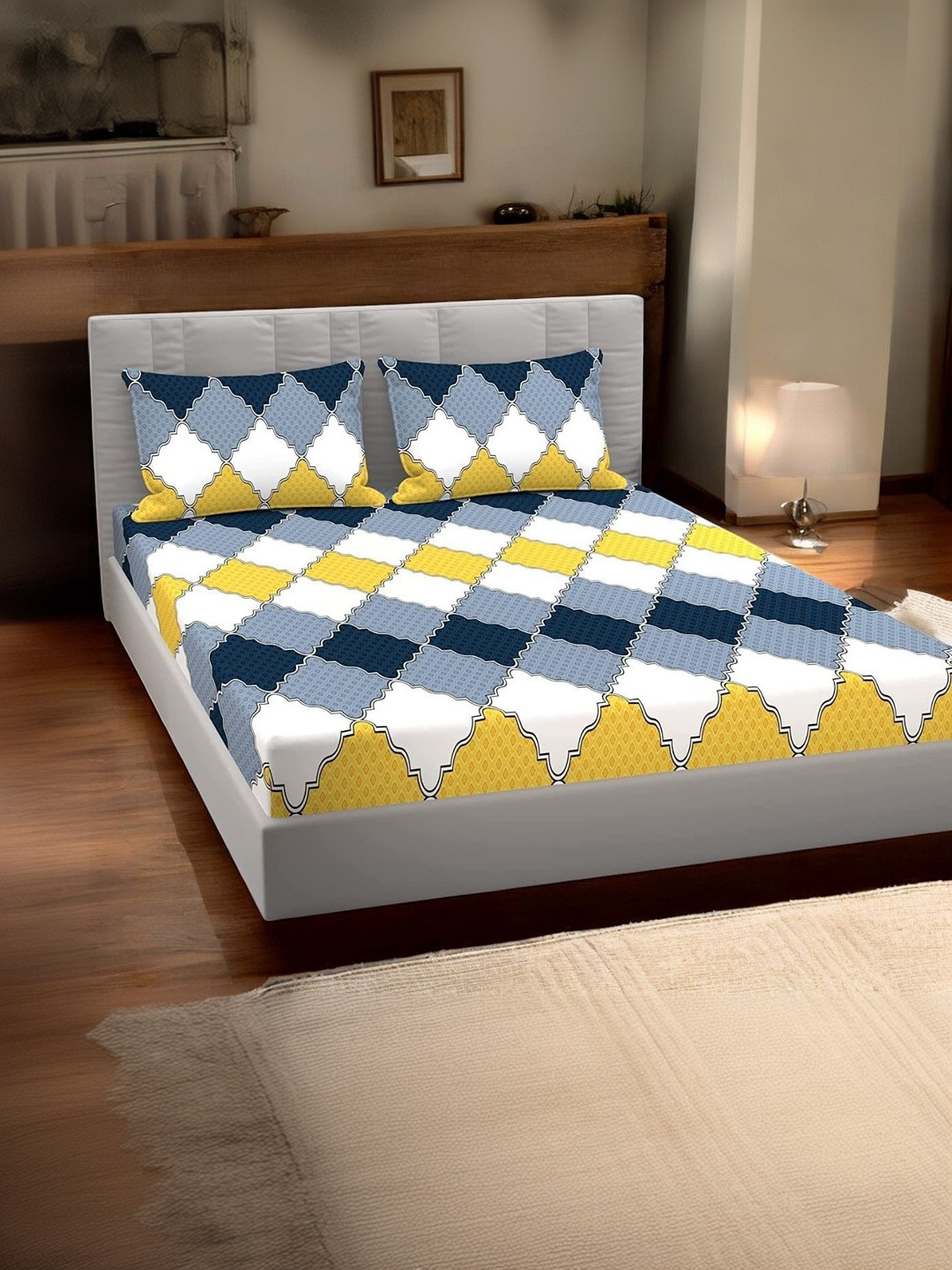 Homybees Printed 220 TC Elastic Fitted King Size Double Bedsheet with 2 Pillow Cover