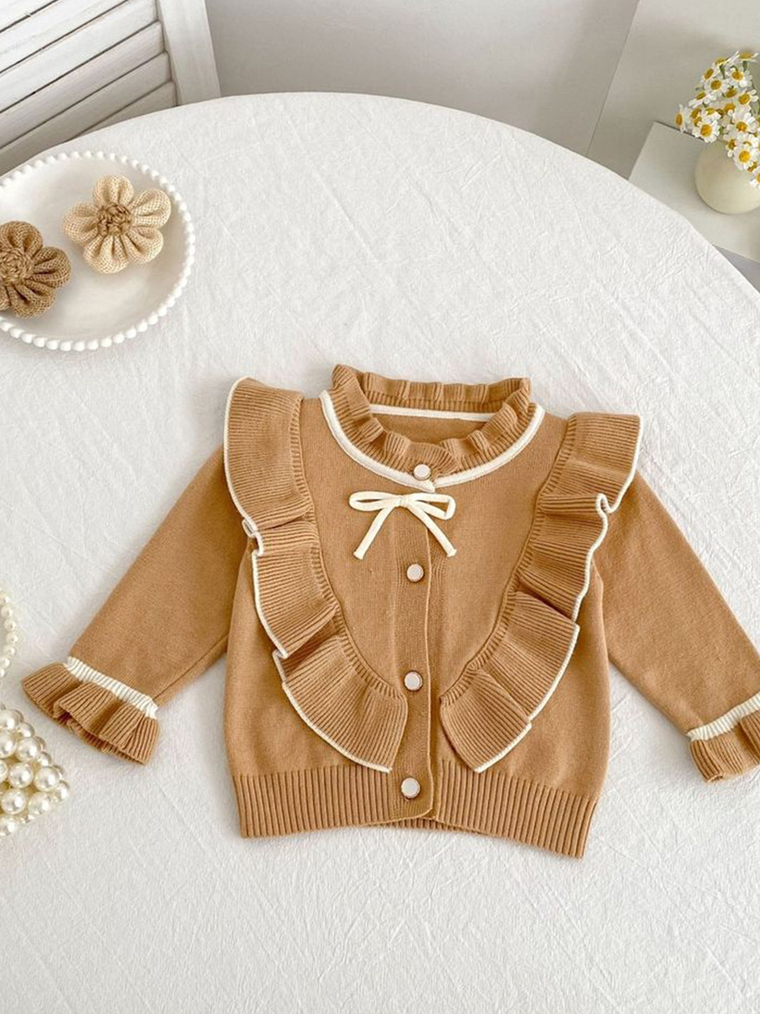 LULU & SKY Girls Round Neck Ruffle-Trim Detail Cardigan