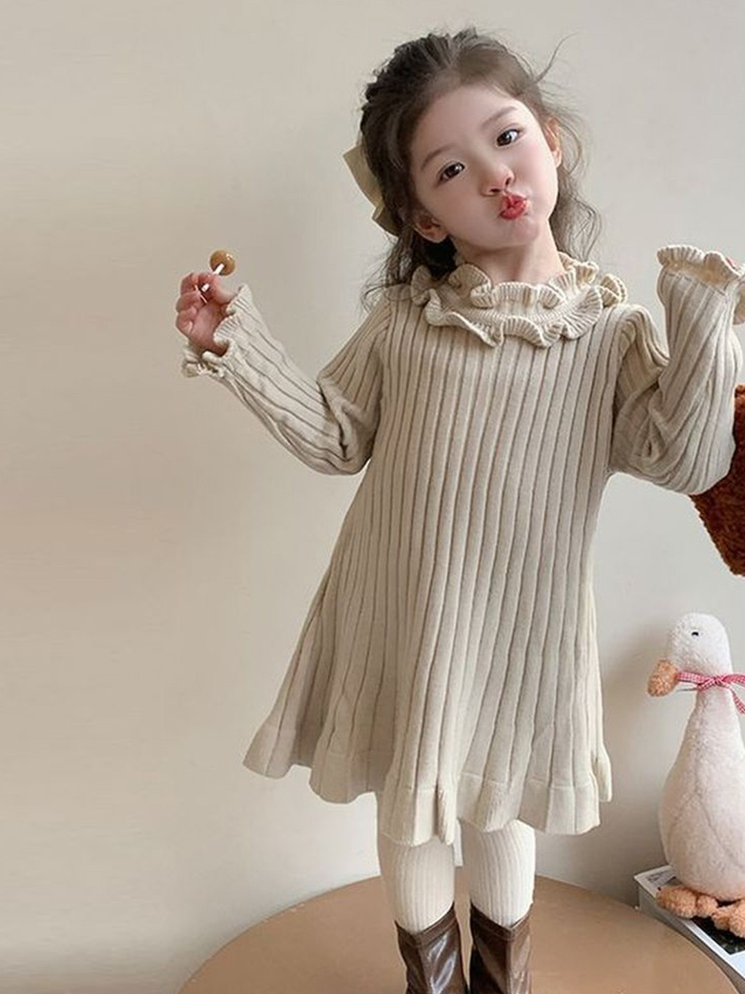LULU & SKY Girls Self Design Round Neck Ruffled Jumper Dress