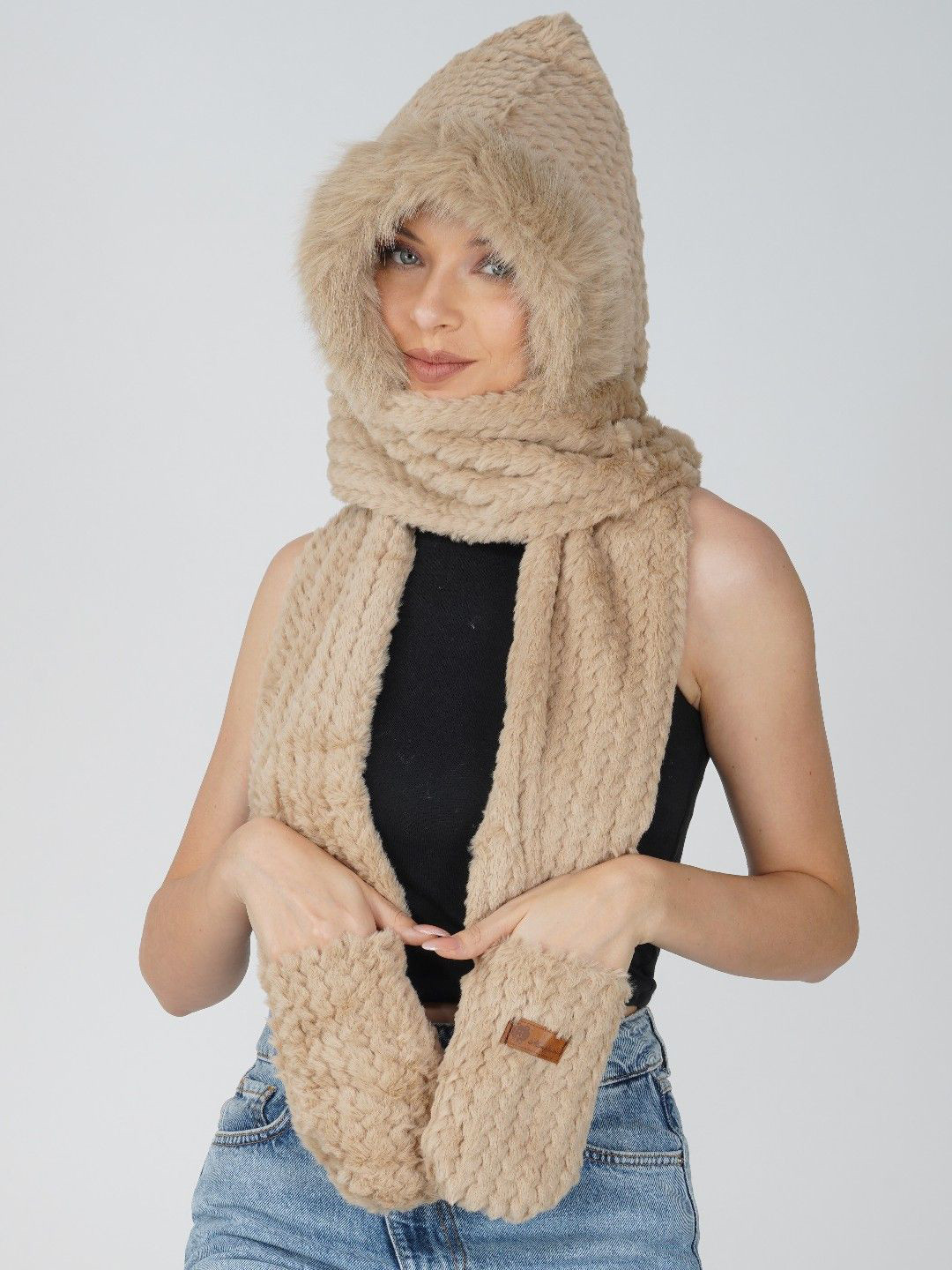 2 KOLPOL Women Hoodie Hat Scarf Gloves Set Soft Plush Thick Woolen Warm Cap Hat