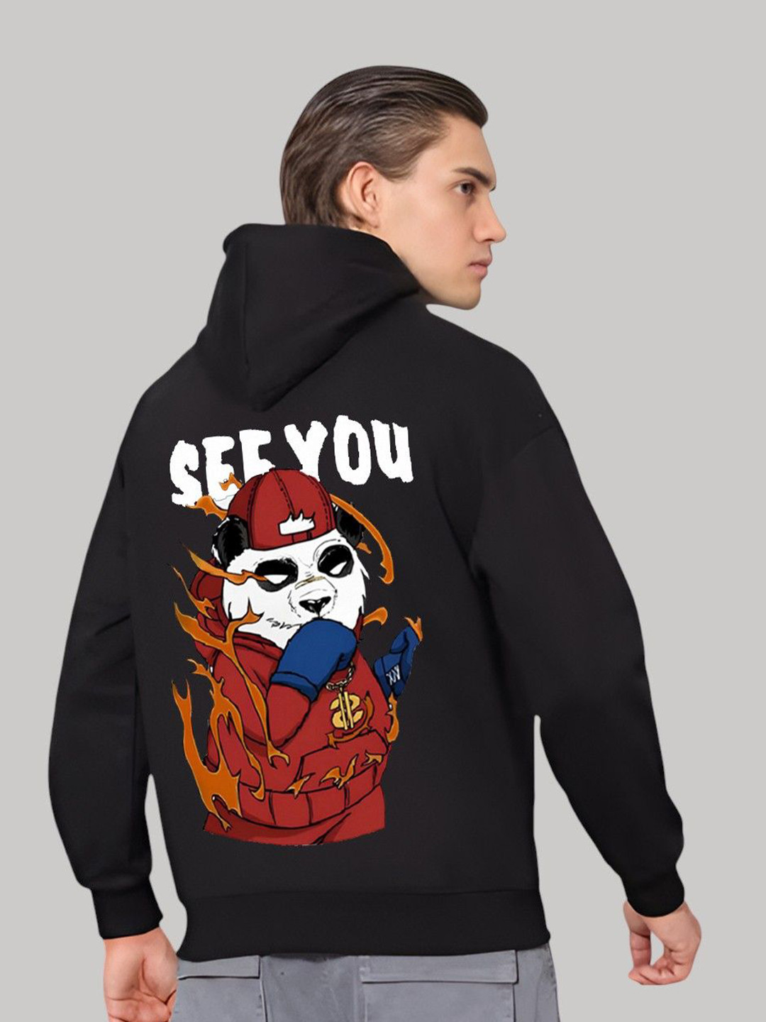 GLITO X Men Sea You Panda Print Hooded Oversized Pullover Sweatshirt with Kangaroo Pocket