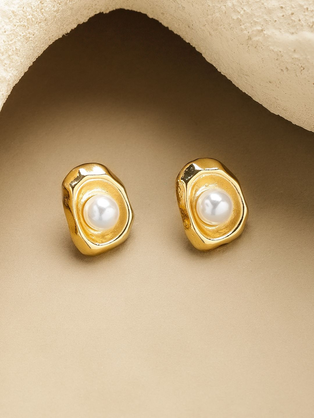 Rubans Stainless Steel 18K Gold-Plated Pearls Studded Dome Shaped Studs