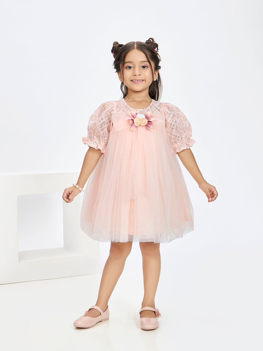 Peppermint Girls Self Design Puff Sleeve Net A-Line Dress