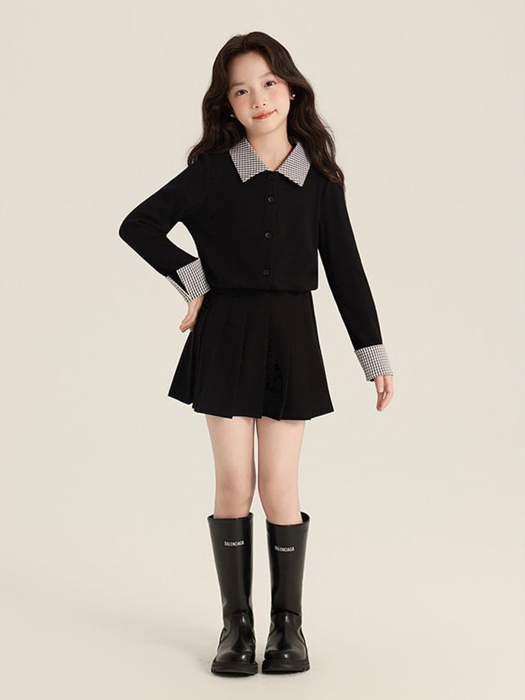 LULU & SKY Girls Checked Full Sleeve Shirt Collar Cardigan