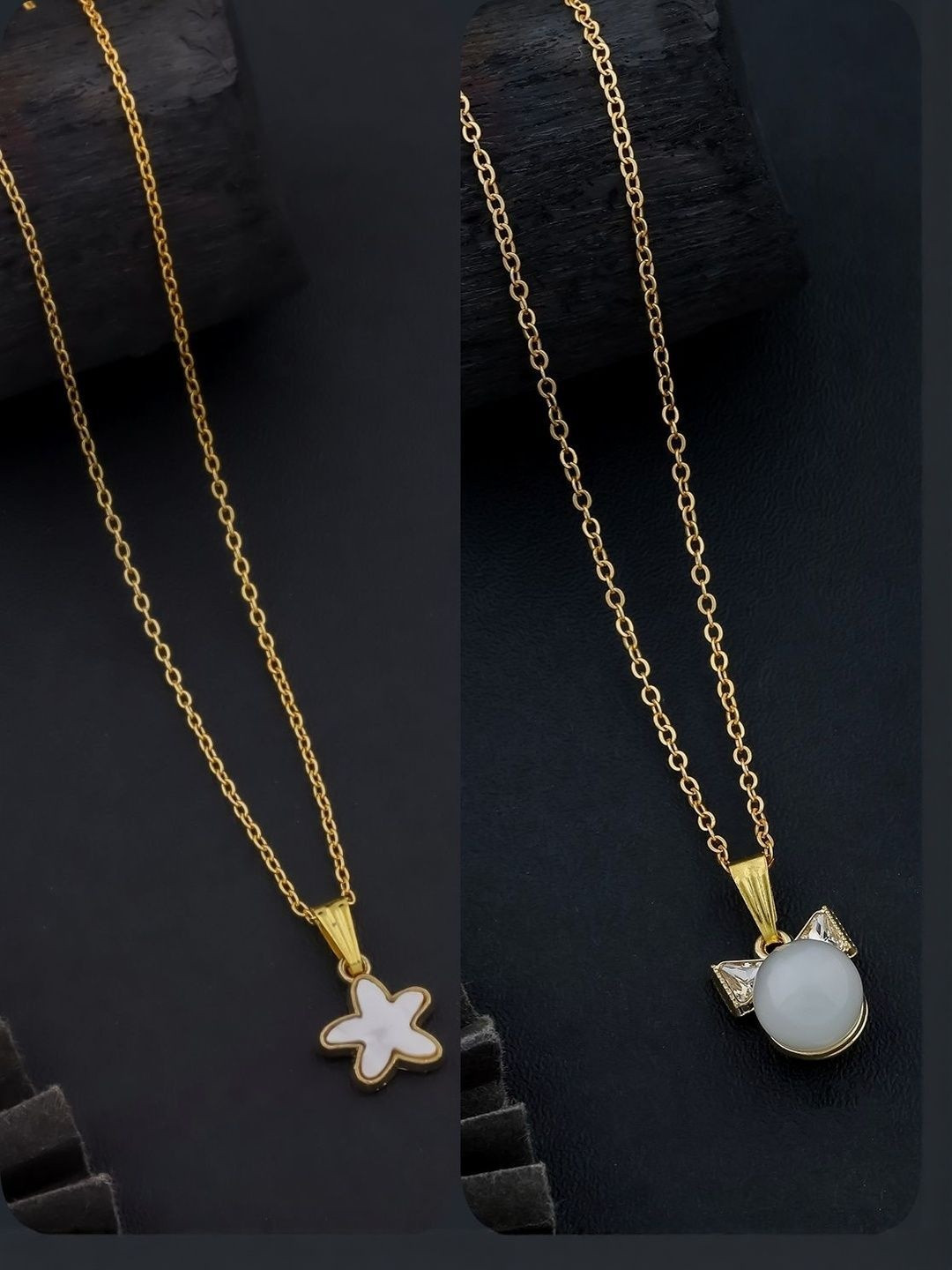 SZN Set Of 2 Gold-Plated Spherical Shaped Stones Studded Enamelled Pendants With Chains
