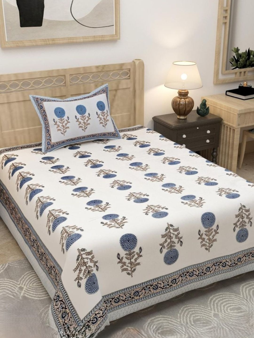 Bedbathandbliss White Printed Cotton 250 TC Single Bedsheet & 2 Pillow Covers-60 x 90 In