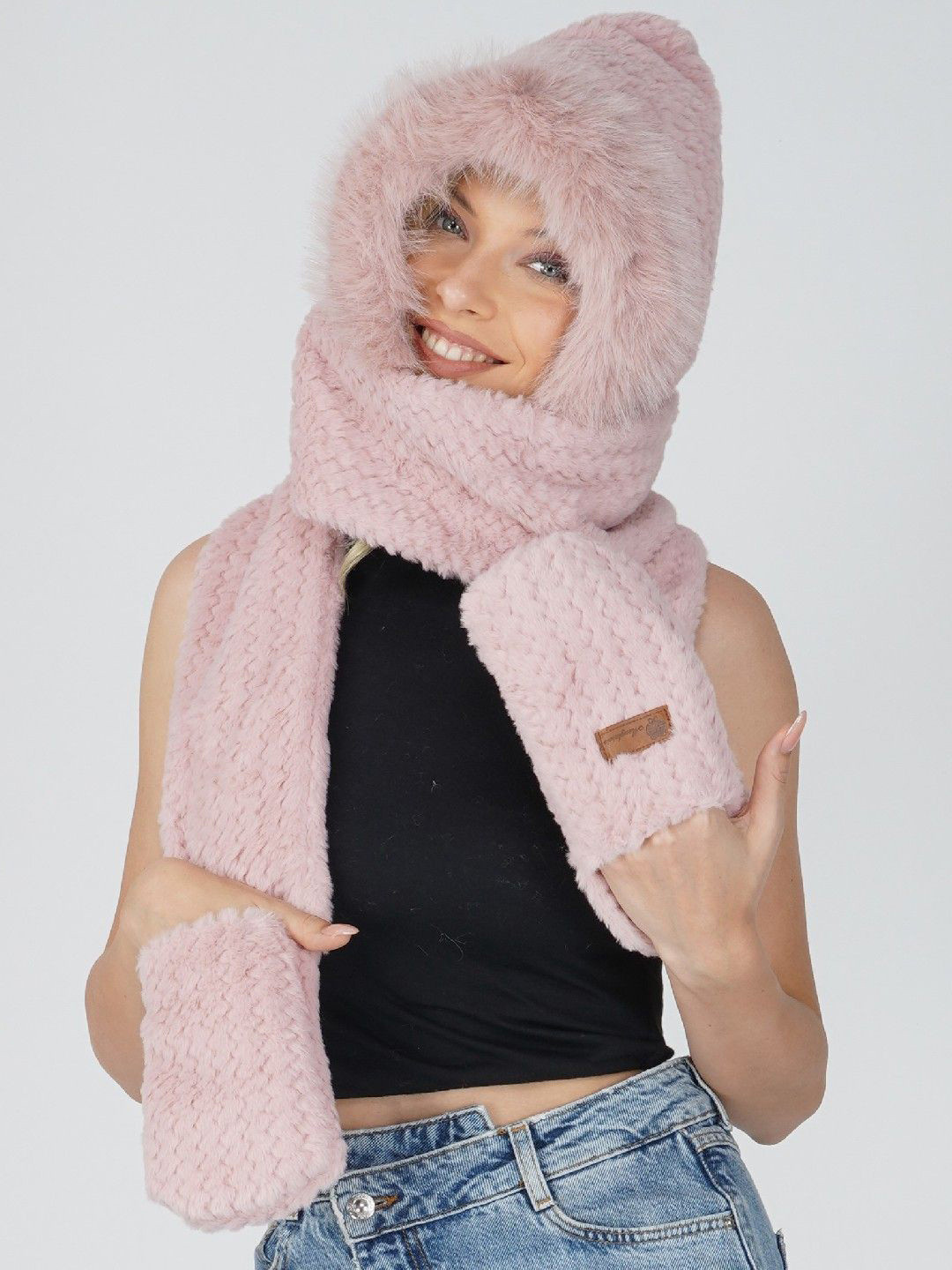 2 KOLPOL Women Woollen Winter Warm Three in One Scarf Gloves Beanie Cap