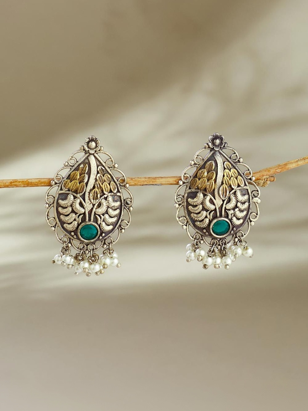 Fabindia Artificial Studded & Beaded Teardrop Shaped Drop Earrings