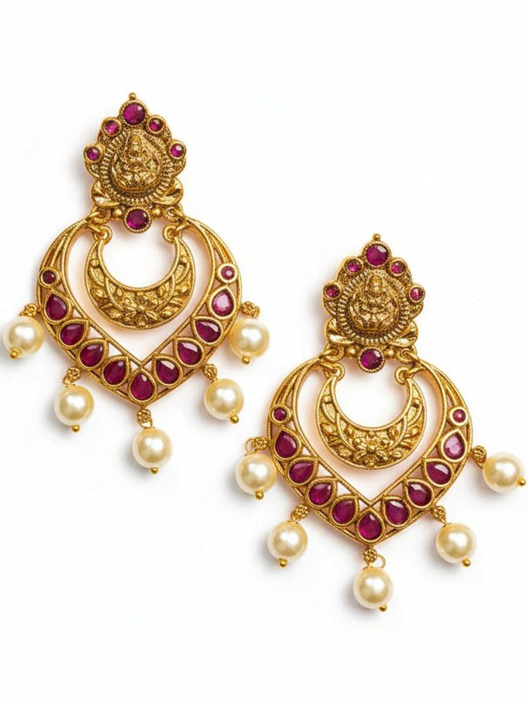 Laa Calcutta Gold-Plated Artificial Stones Studded & Pearls Beaded Crescent Drop Earrings