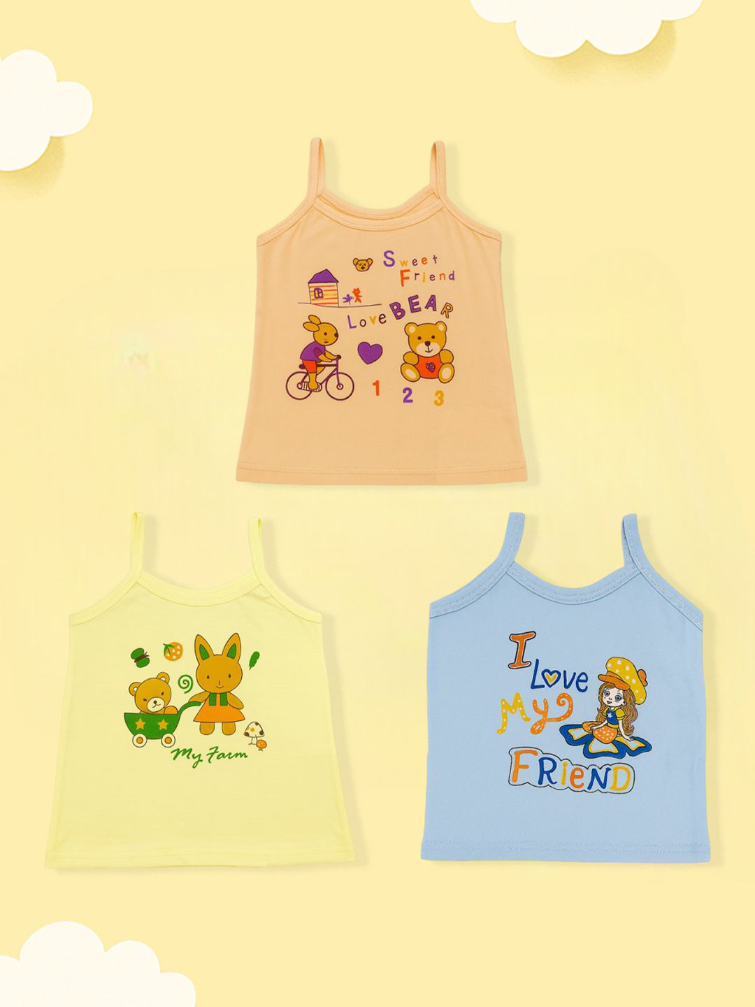 Kidbea Girls Pack Of 3 Printed Organic Cotton Comfortable Summer Innerwear Vest