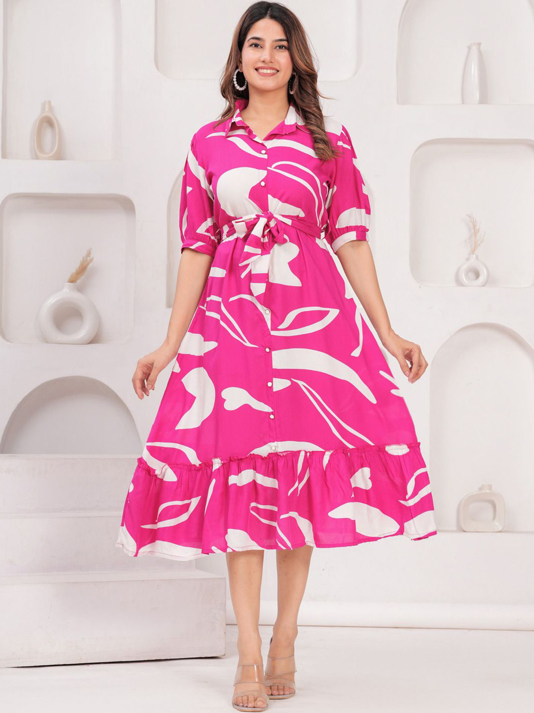 SARAI CREATIONS Women Abstract Printed Puff Sleeve Shirt Midi Dress