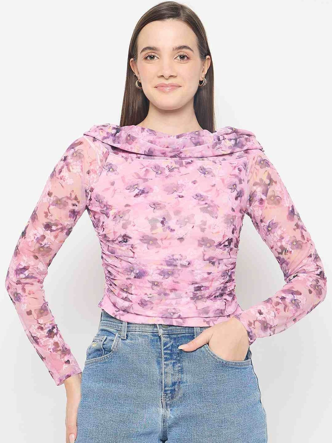 Madame Floral Printed Cowl Neck Ruched Fitted Crop Top
