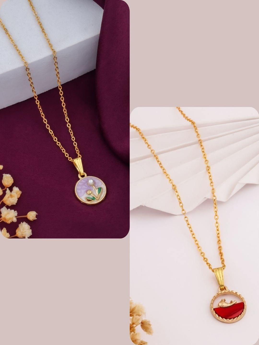 SZN Set Of 2 Gold-Plated Pearls Beaded Circular Shaped Pendent With Chain