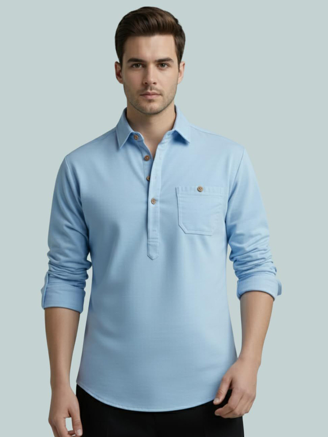 Vida Loca Men Cotton Shirt Collar Roll-Up Sleeves Short Kurta