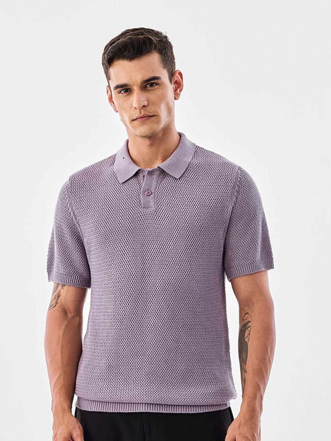 Snitch Men Self Design Polo Collar T-shirt