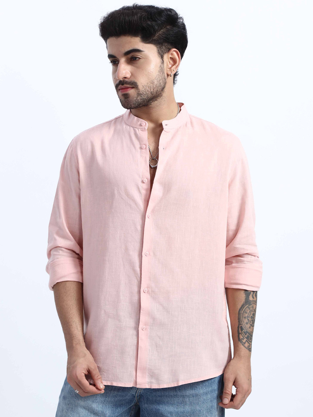 JONESBURG Men Band Collared Long Sleeves Linen Casual Shirt