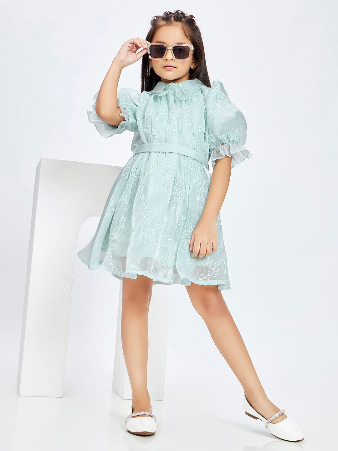 Peppermint Girls Embroidered Round Neck Fit & Flare Dress