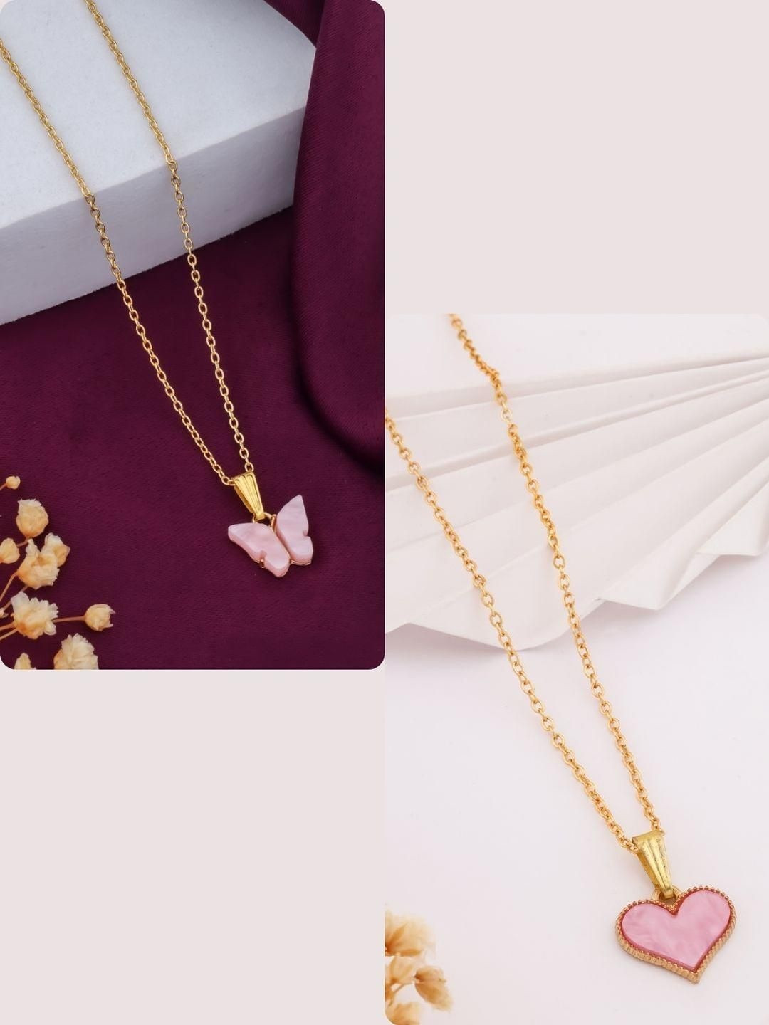 SZN Set Of 2 Gold-Plated Artificial Stones Studded Butterfly Shaped Pendants With Chains