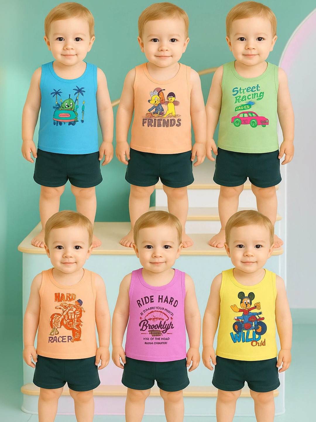 TINY HANDS Boys Pack Of 6 Printed Basic Vests