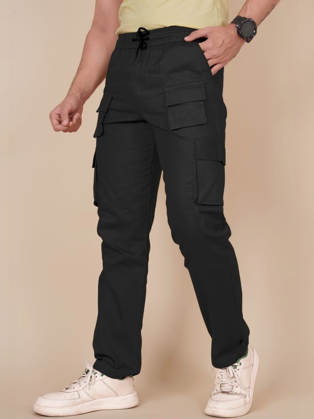 WINSUNITY Men Solid Slip-On Easy Wash Regular Fit Cargos Trousers