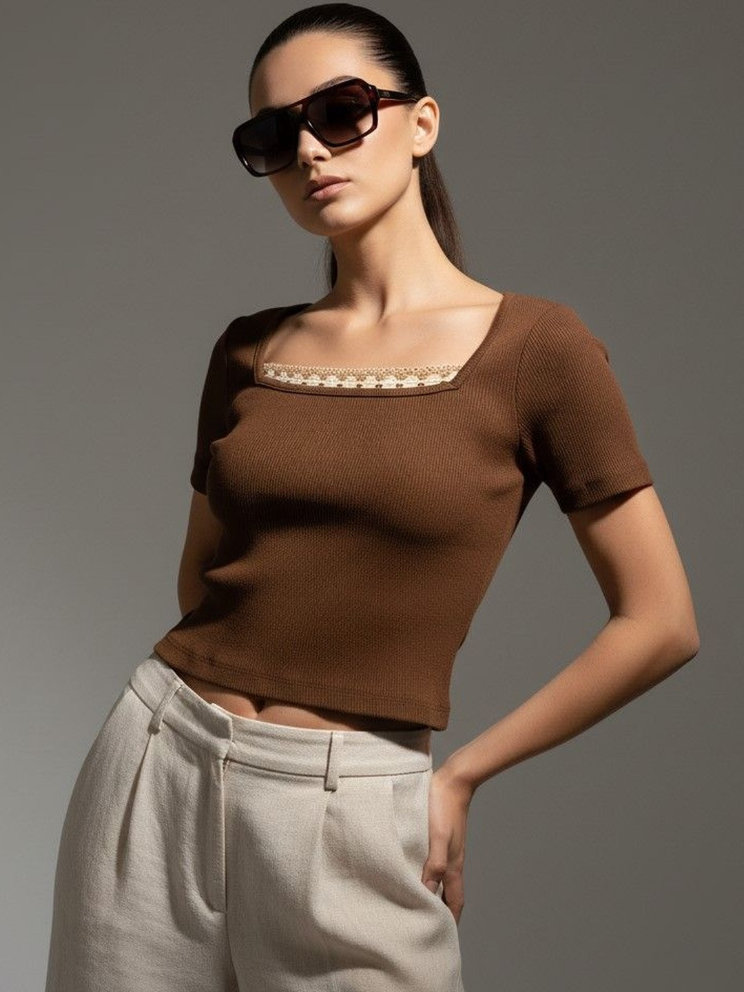 CORSICA Print Ribbed Square Neck Short Sleeves Cotton Crop Top