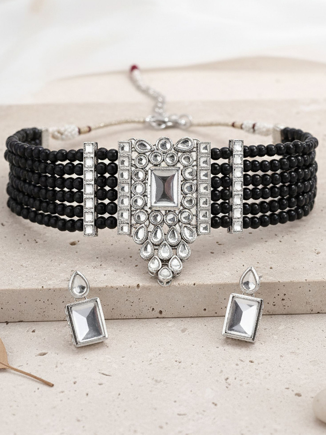 KARATCART Silver Plated Black Beaded Jewellery Set