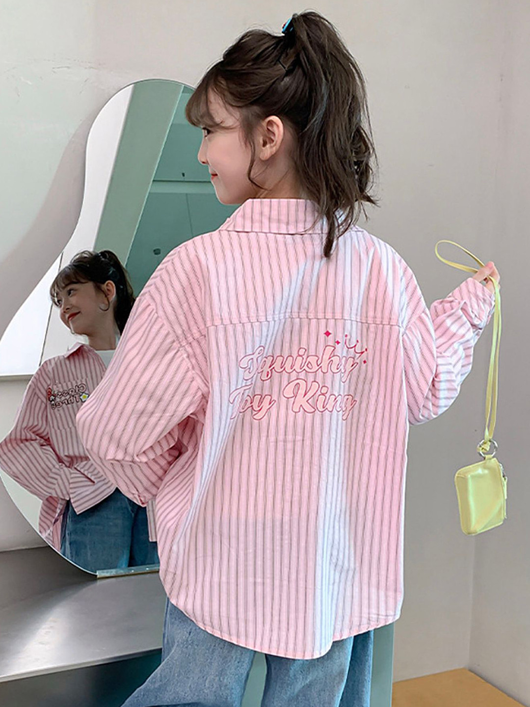 LULU & SKY Girls Relaxed Fit Striped Spread Collar Long Sleeve Button-Up Shirt