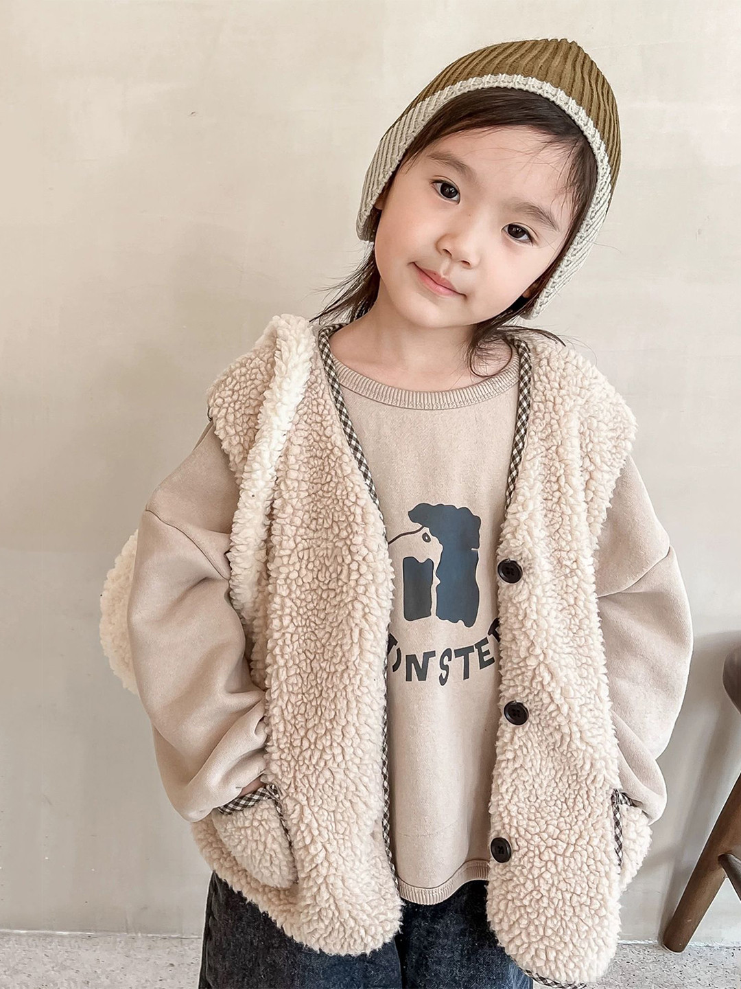 LULU & SKY Girls Self Design Fuzzy Detail Sleeveless Buttoned Patch Pocket Sweater Vest