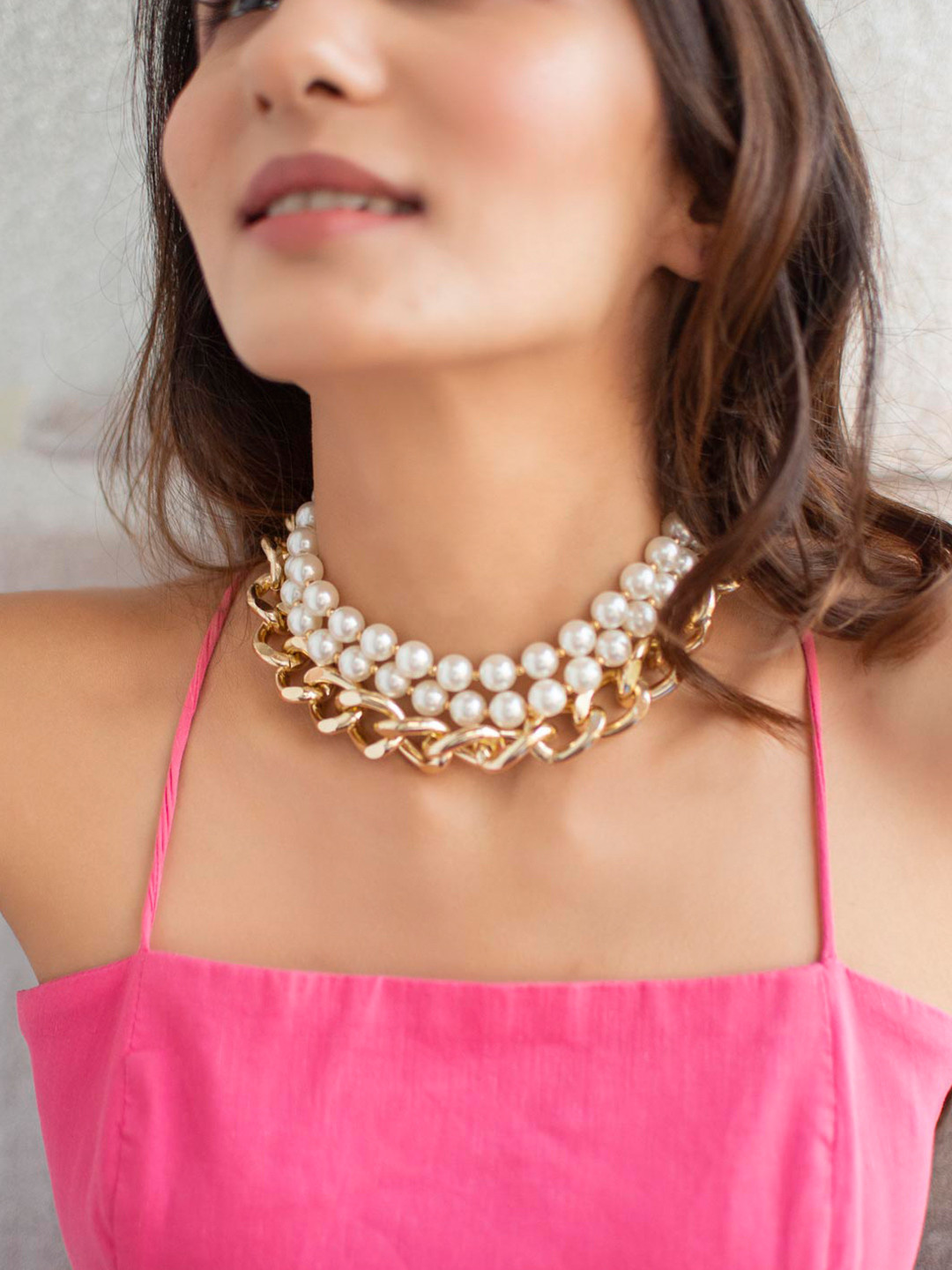ToniQ Set Of 3 Gold-Plated Choker Pearls Studded Necklaces